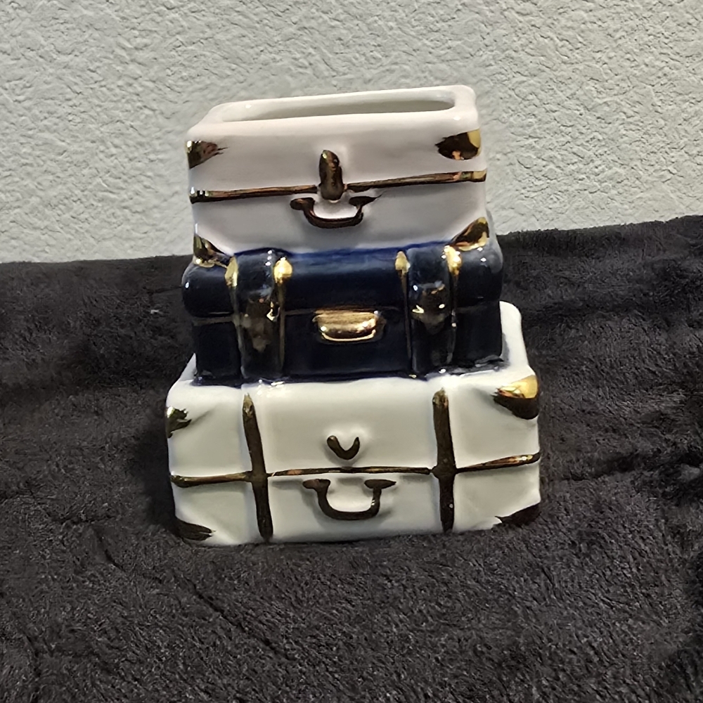 Kate Aspen Gold and Blue Ceramic Suitcase Holder